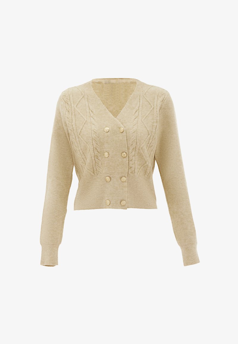 Cardigan de punto beige con escote en V, estilo doble botón, que presenta patrones de trenzado, mangas largas y detalles de acanalado texturizado.