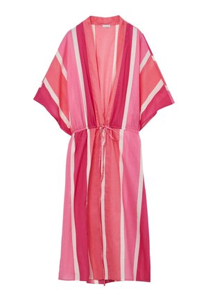 Lange, lichtgewicht, kimono-stijl jurk met open voorkant, wijde mouwen, verticale roze en witte strepen en een taille met trekkoord.