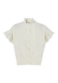 Jersey corto de punto trenzado blanco con cuello falso con volantes y dobladillo acanalado. Textura suave, acabado liso y patrón tejido distintivo en el centro.