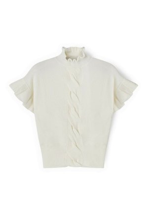 Maglione bianco a maglia corta con maniche corte, colletto arricciato e orlo a coste. Texture morbida, finitura liscia e un motivo intrecciato distintivo al centro.