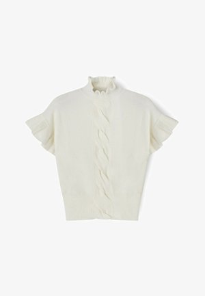 Maglione bianco a maglia corta con maniche corte, colletto arricciato e orlo a coste. Texture morbida, finitura liscia e un motivo intrecciato distintivo al centro.