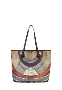 Borsa in cotone con un design circolare multicolore, manici in pelle nera e elementi testuali decorativi. Presenta un'ampia apertura superiore.