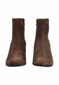 Bottes chelsea en daim marron avec un design épuré, dotées d'une fermeture éclair sur le côté, d'un bout pointu et d'une texture lisse et mate.
