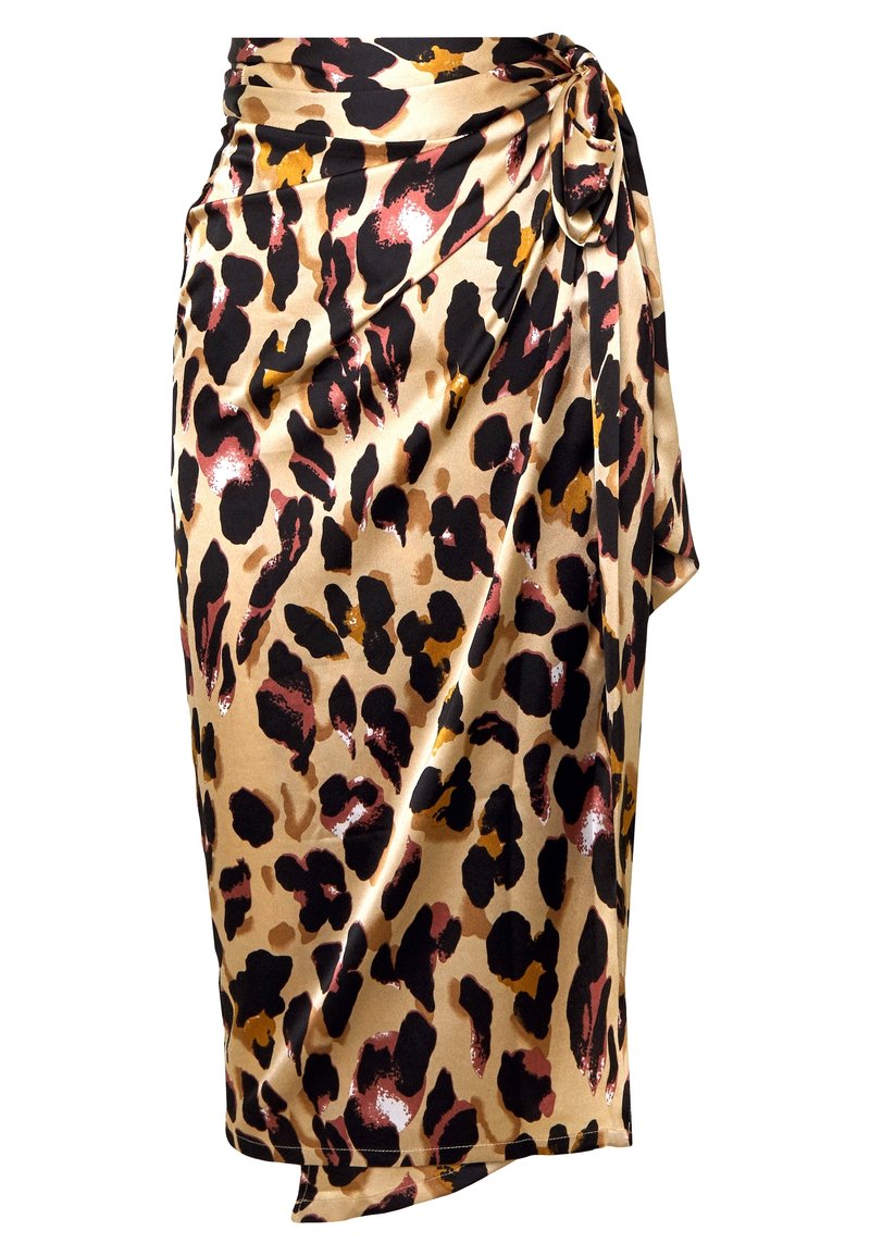Gonna a stampa leopardata in morbido e lucido tessuto beige. Presenta un design avvolgente con un legaccio laterale, che mette in evidenza tonalità di nero, marrone e bordeaux.