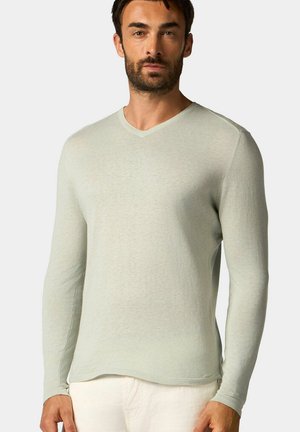 Svetle zelená dlouhá rukávová košile s výstřihem do V vyrobená z měkké tkaniny, s slim fit a jemnou strukturou, se zaobleným lemem v pase.