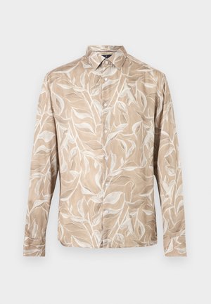 Bézs, hosszú ujjú, gombos ing fehér, leveles indamintával és hegyes gallérral.