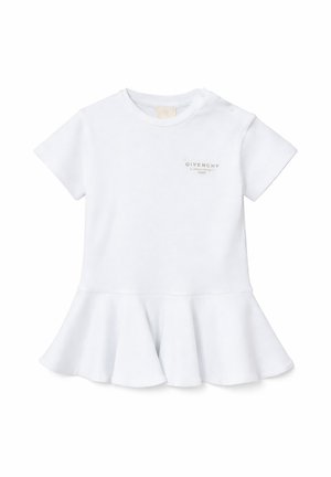 Vestitino bianco per neonati con maniche corte, orlo svasato e piccolo logo Givenchy sul petto, con bottoni automatici sulle spalle per una facile vestibilità.