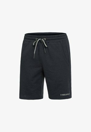 Zwarte sportieve shorts van zachte stof, met een elastische tailleband met grijze trekkoord, zijzakken en een grijs logo op het been.