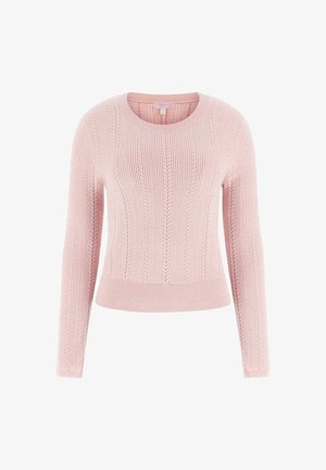 Light pink ribbed sweater with long sleeves, crew neckline, and textured knit pattern. Features a fitted hem and subtle detailing.