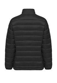 Svart puffjacka med ståkrage, med horisontell quiltning, elastiska muddar och en slät, matt yta på utsidan.