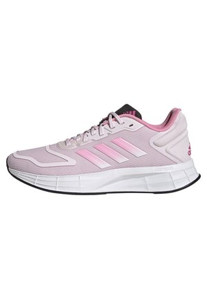 Lyserosa Adidas løbesko med hvide og lyserøde striber, hvid polstret sål, sort ydersål og lyserødt inderfor.
