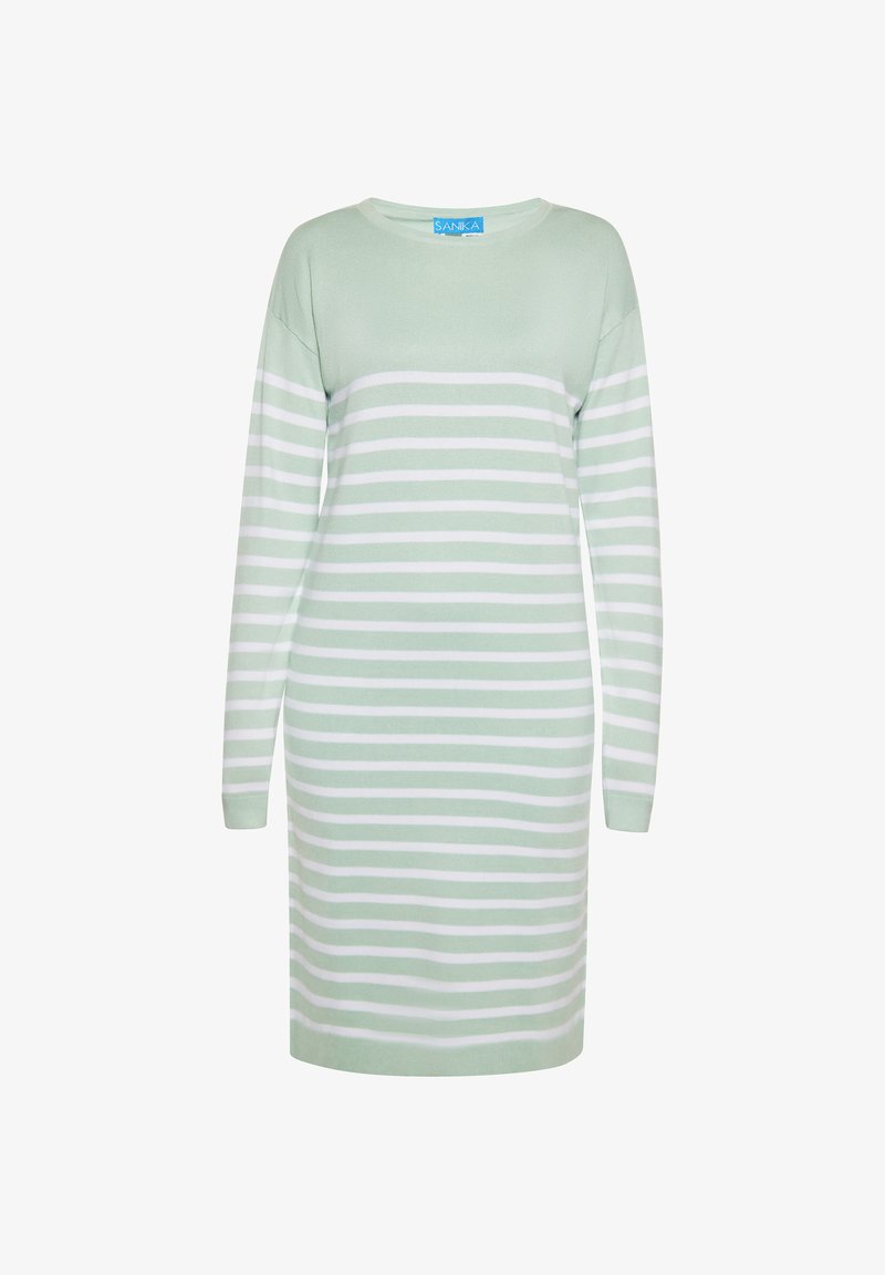 Langärmeliges Strickkleid in Hellgrün mit weißen horizontalen Streifen. Rundhalsausschnitt, gerade Passform, weiche Textur und mittellang.