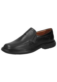 Black leather slip-on shoe with rounded toe, smooth texture, subtle stitching, and rubber sole for grip. No visible hardware or accents.