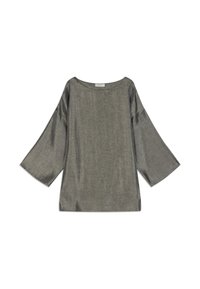 Blouse gris à manches longues avec manches larges et encolure ronde, présentée à plat sur fond blanc.