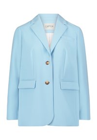 Blazer bleu clair en tissu lisse, avec un revers cranté, deux poches avant et deux boutons ronds.
