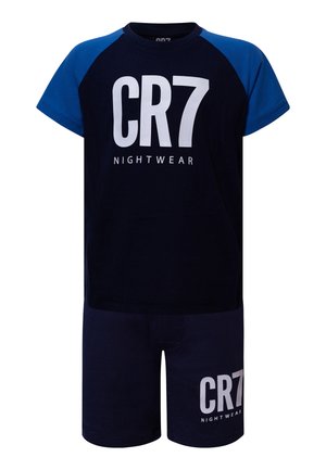 Kinder Marineblau und blaues Kurzarm-Top und Shorts-Set mit weiß gedrucktem "CR7 Nightwear" auf beiden Teilen.