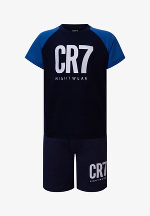 Kinder setje met marineblauw en blauw T-shirt met korte mouwen en short met witte opdruk "CR7 Nightwear" op beide delen.