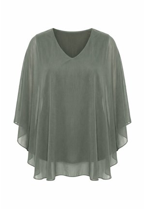 Průsvitná, volně střižená šedo-zelená halenka s výstřihem do V, s plynulým, asymetrickým lemem a rukávy.