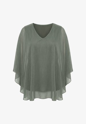 Průsvitná, volně střižená šedo-zelená halenka s výstřihem do V, s plynulým, asymetrickým lemem a rukávy.