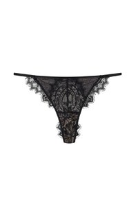 Schwarze Spitzenstring mit aufwendigen Blumenausschnitten, gewellten Kanten und verstellbaren Trägern für ein zartes, strukturiertes Design.