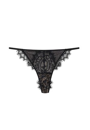 Black lace thong featuring intricate floral patterns, scalloped edges, and adjustable straps for a delicate, textured design.