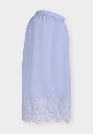 Lichtpaarse knielange rok met elastische tailleband en wit geborduurde bloemmotieven aan de gegolfde zoom.