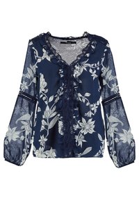 Blusa floreale blu navy con tessuto trasparente, frontale arricciato, dettagli in pizzo e maniche lunghe. Presenta motivi di foglie bianche e polsini elasticizzati.