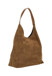 Braune Veloursleder-Hobo-Tasche mit einem einzelnen Leder-Schulterriemen, die eine weiche Textur und eine lässige Form aufweist. Schwarzes Innenfutter sichtbar.