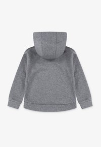 Sudadera gris con textura de jersey, que cuenta con una capucha amplia, mangas largas y puños y dobladillo de canalé. Vista trasera sin detalles adicionales.