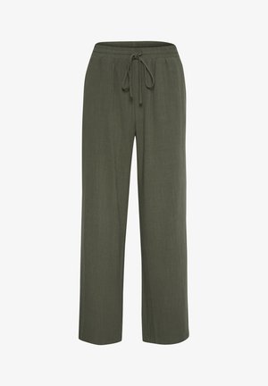 Alyvuogių žalios, lengvos kelnės su raišteliu liemens, tiesiomis kojomis ir minkšta tekstūra. Tinkančios kasdieniam dėvėjimui.