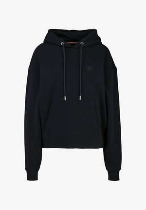 Schwarzer Kapuzenpullover mit einer Kängurutasche, Zugband, gerippten Bündchen und dezentem Logodetail. Weicher Stoff mit lässiger Passform.