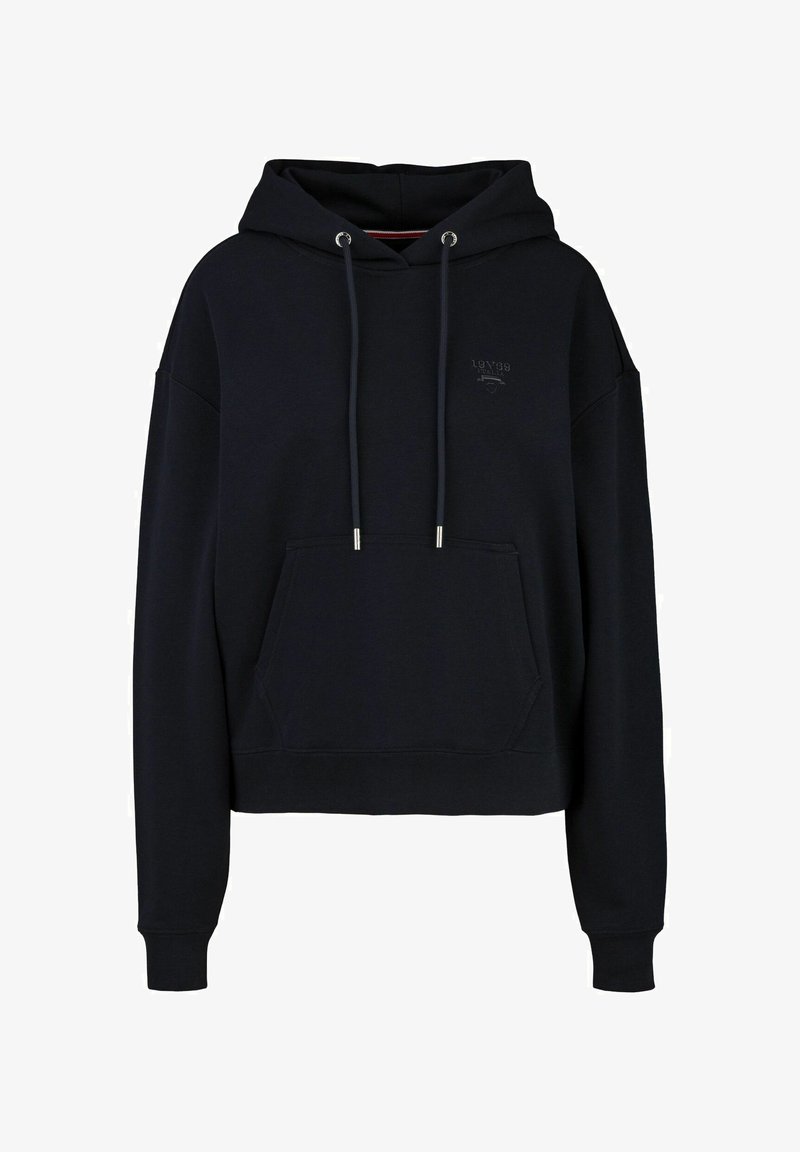 Zwarte hoodie met een buidelzak, trekkoordsluiting, geribbelde manchetten en een subtiele logodetail. Zacht materiaal met een comfortabele pasvorm.