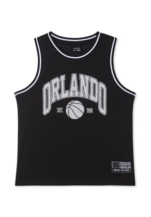 Maglia da basket nera senza maniche con rifiniture bianche, scritta "ORLANDO", grafica di un pallone da basket e toppa con la scritta "86 Basketball Playoff Break the Game."