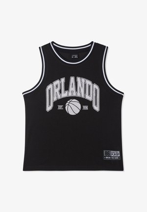 Czarny koszykarski bezrękawnik z białym obszyciem, napisem "ORLANDO", grafiką piłki do koszykówki oraz naszywką z napisem "86 Basketball Playoff Break the Game".