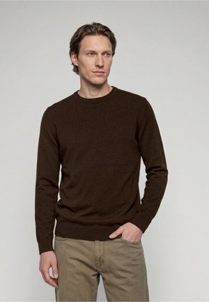 Jeune homme à la peau claire et aux cheveux bruns, portant un pull marron foncé à manches longues et un pantalon beige, debout devant un fond clair uni.