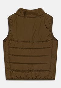 Gilet marrone senza maniche con colletto alto, caratterizzato da una texture trapuntata e cuciture orizzontali. Tessuto liscio senza hardware visibili.