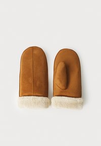 Brune ruskindsvanter med et luksuriøst kradsemåtter i fløjl, der har et enkelt tommel-design og en blød, struktureret manschette.