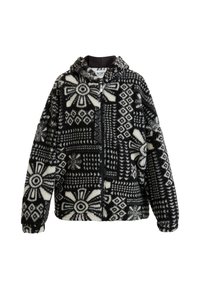 Svart och vit fleecejacka med huva, med geometriska blommönster, dragkedjestängning och elastiska ärmslut. Mjuk textur genom hela jackan.