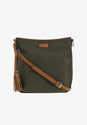 Sac bandoulière en tissu vert olive avec une sangle réglable en cuir marron et un pompon, forme rectangulaire avec une petite étiquette de marque à l'avant.