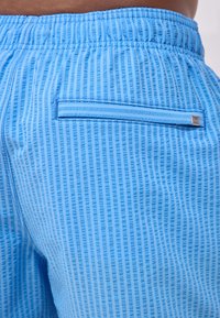 Ljusblå shorts med ett strukturerat, randigt mönster. Har elastisk midja och en bakficka med horisontell dragkedja.