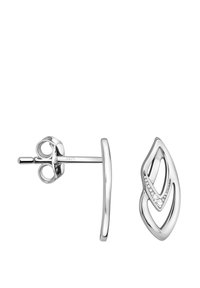 Silversmycken i form av örhängen med bladdesign, som visar polerat metall och diamantliknande detaljer. Har en stiftback för säker bärning.