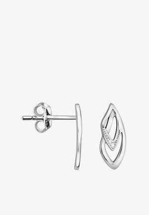 Orecchini a stud in argento con un design a foglia, con metallo lucido e accenti simili a diamanti. Presentano un fissaggio a perno per una vestibilità sicura.