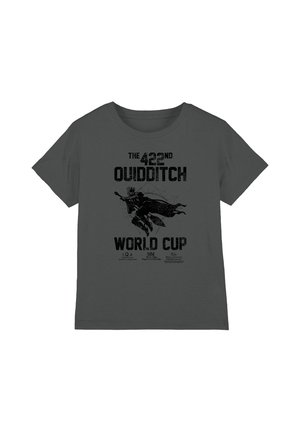 Dark gray T-shirt featuring a black graphic of a Quidditch player on a broomstick and text "The 422nd Quidditch World Cup."