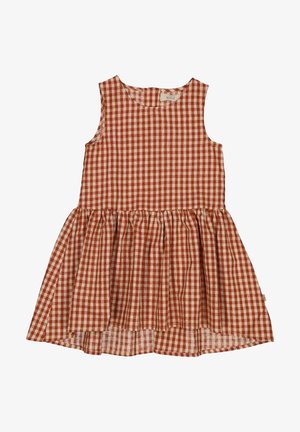 Czerwona i biała sukienka w kratkę gingham bez rękawów, z marszczonym dołem i okrągłym dekoltem, z metką marki "WHEAT".