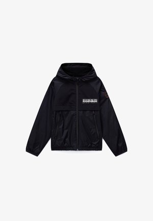 Juodas vėjo nepraleidžiantis švarkelis su užtrauktuku priekyje, kapišonu, elastinėmis rankogaliais ir dviem priekinėmis kišenėmis. Logotipo detalė ant krūtinės ir rankovės.