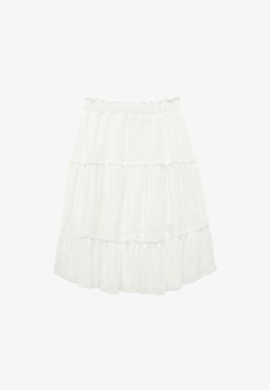 Witte tiered rok met elastische tailleband en subtiel gegolfd bloemenpatroon.