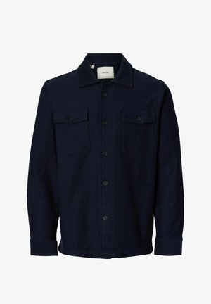 Mornarica modra jakna s gumbi, s ovratnikom, dvema prsnotema žepoma z gumbnimi preklopom in dolgimi rokavi.