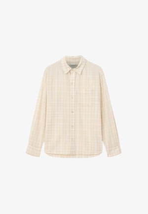 Hellbeiges Hemd mit Knopfleiste und kariertem Muster, ausgestattet mit spitzem Kragen, langen Ärmeln und einer einzelnen Brusttasche.