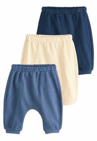 Drei Paar Kinderhosen: eine dunkelblaue, eine hellbeige und eine mittelblaue. Alle verfügen über elastische Bündchen und schmal zulaufende Beine.