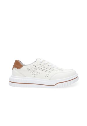 White leather sneaker with perforated design, brown leather heel tab, and white rubber sole featuring textured ridges and subtle brown accents.